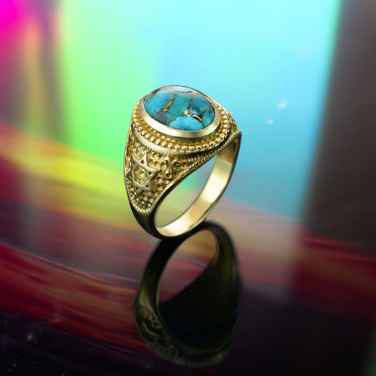 Gold Star of David Blue Copper Turquoise Jewish Statement Ring 
