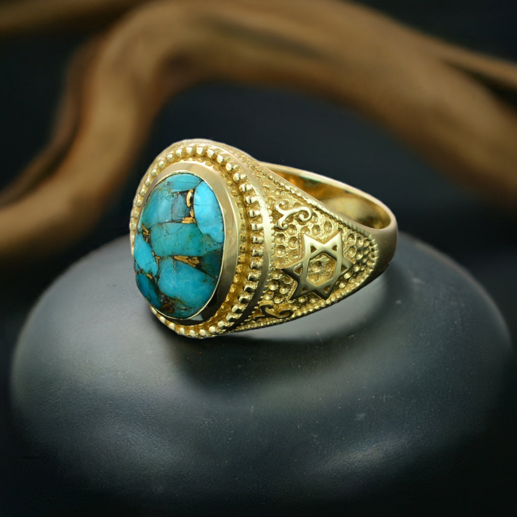 Gold Star of David Blue Copper Turquoise Jewish Statement Ring