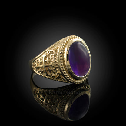 Gold Jerusalem Cross Purple Amethyst Cabochon Ring