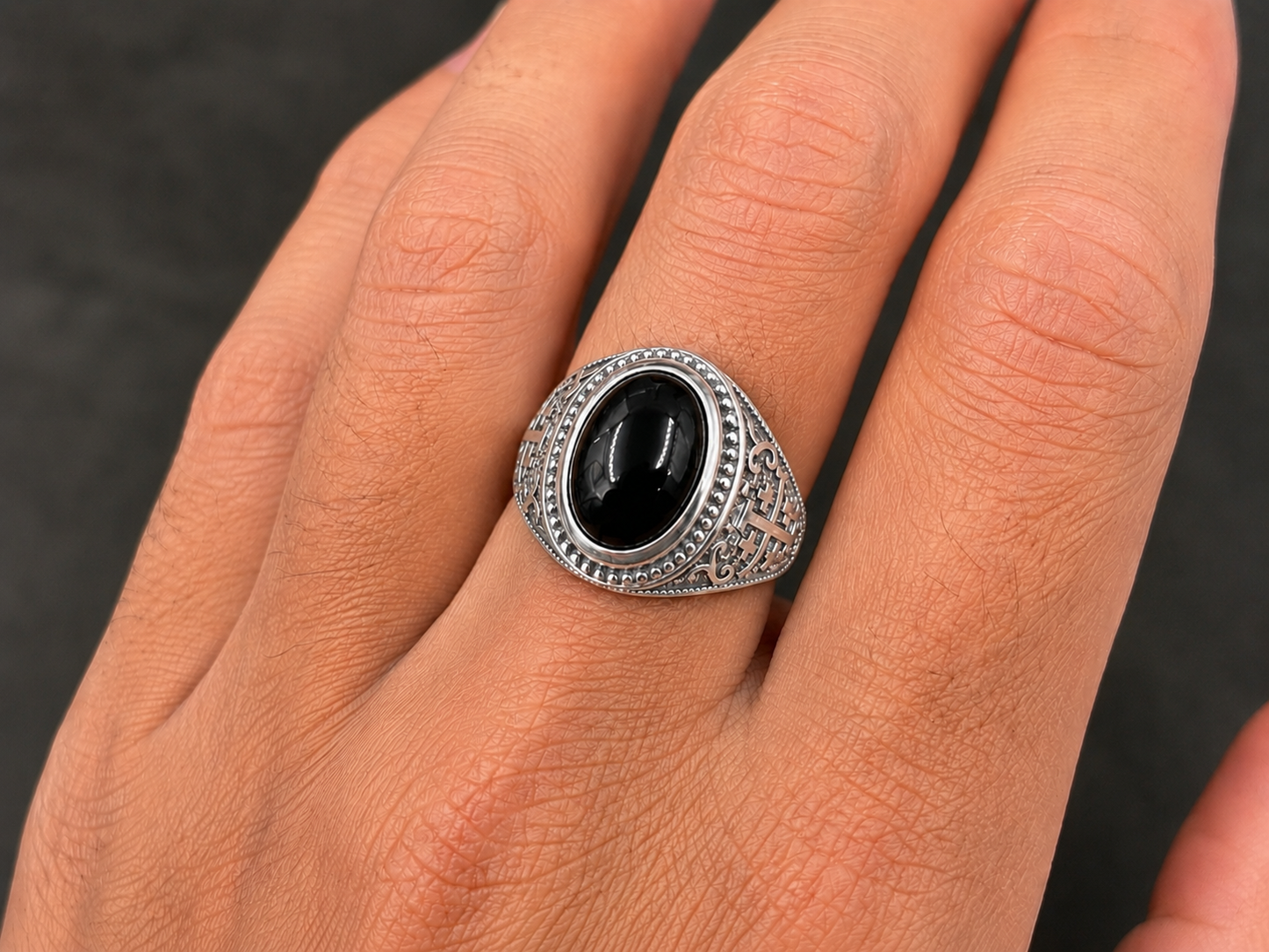 Sterling Silver Jerusalem Cross Black Onyx Oval Cabochon Ring