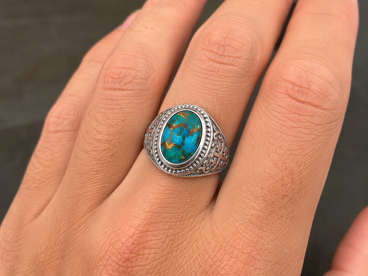 Sterling Silver Jerusalem Cross Blue Copper Turquoise Ring