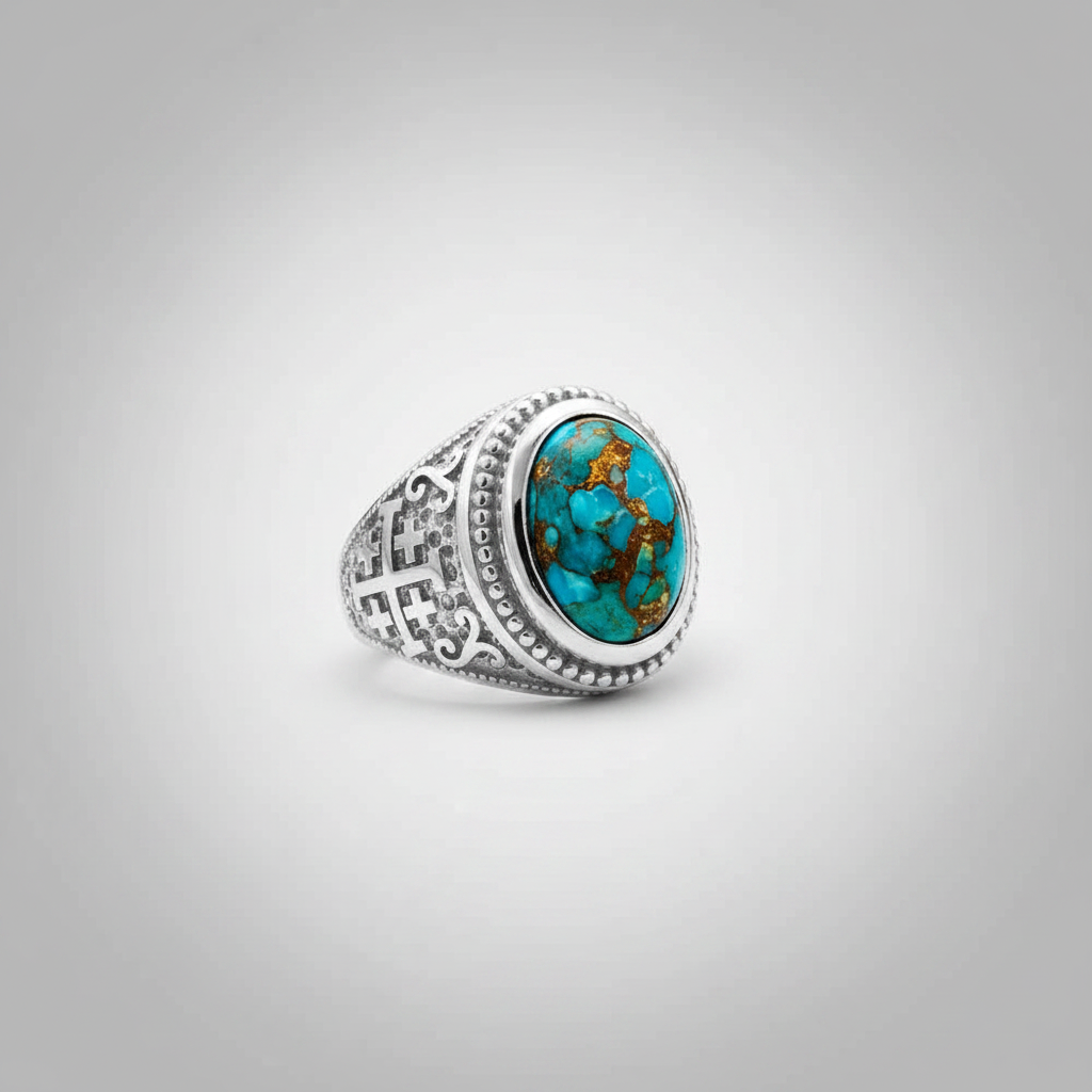A silver signet ring featuring a round turquoise cabochon with prominent golden-brown matrix, set on a textured silver band with decorative scrollwork and beaded borders.