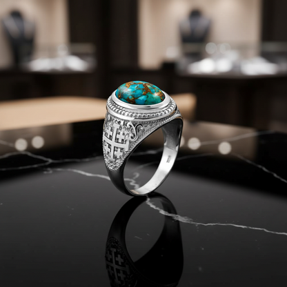 A silver-toned signet-style ring with a large oval turquoise stone and small gold inclusions, set on a black marble surface with a blurred jewelry store background.