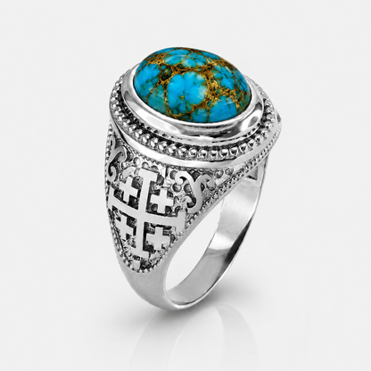 Sterling Silver Jerusalem Cross Blue Copper Turquoise Ring