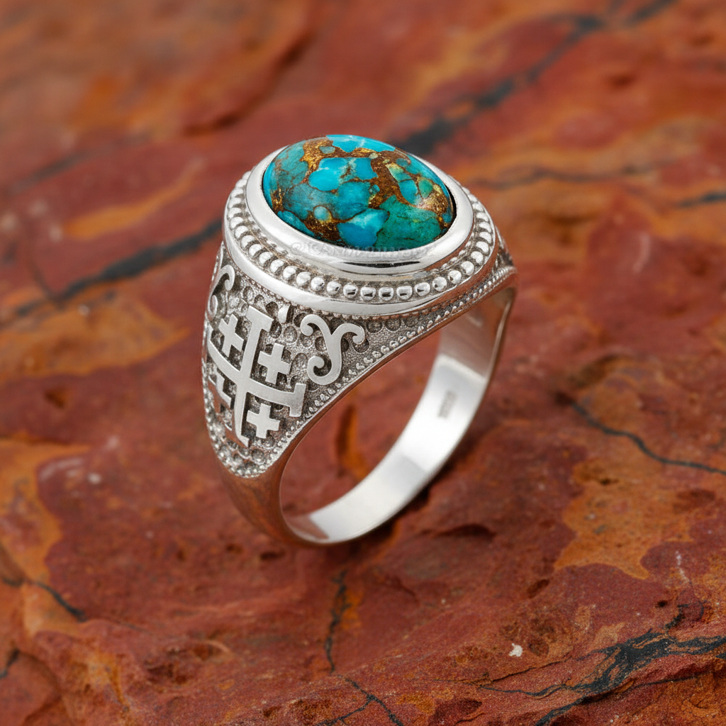 A sterling silver ring featuring a round turquoise cabochon with brown matrix, set on a textured reddish-brown stone background.
