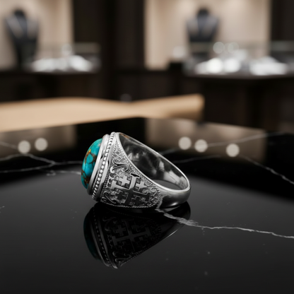 A silver-toned ring with a large turquoise stone and intricate engraved detailing, resting on a glossy black surface with a blurred jewelry store background.