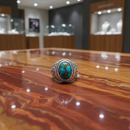Sterling Silver Jerusalem Cross Blue Copper Turquoise Ring