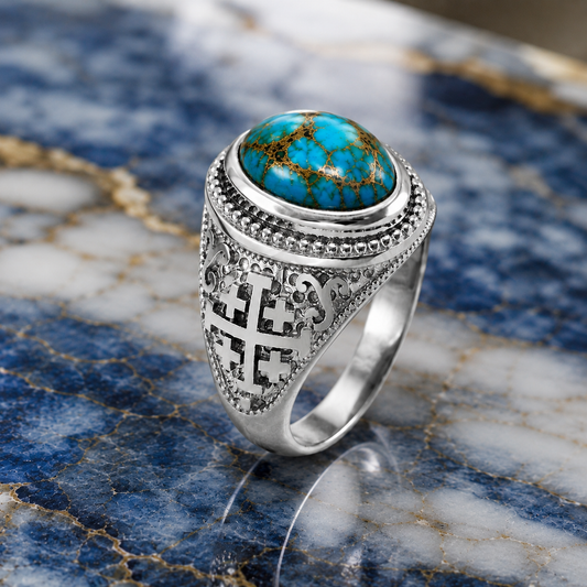 Sterling Silver Jerusalem Cross Blue Copper Turquoise Ring