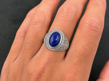 Sterling Silver Jerusalem Cross Lapis Lazuli Gemstone Ring