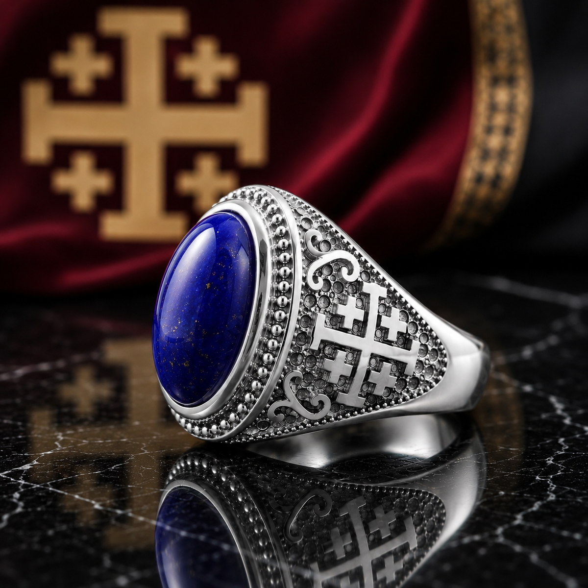 Sterling Silver Jerusalem Cross Lapis Lazuli Gemstone Ring