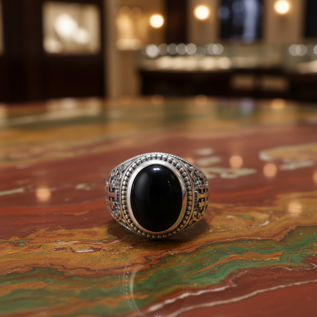 A silver-toned signet ring with a large oval black cabochon stone, set on a polished multicolored marble surface with a blurred indoor background.