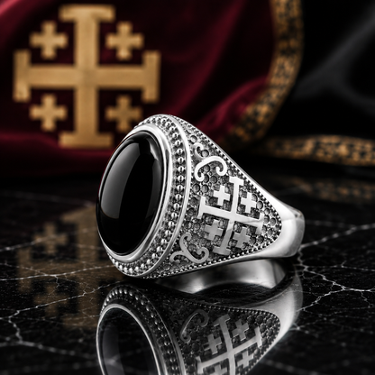 Sterling Silver Jerusalem Cross Black Onyx Oval Cabochon Ring