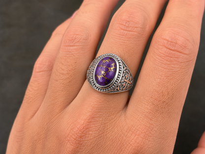 Sterling Silver Jerusalem Cross Purple Copper Turquoise Ring