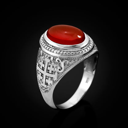 Sterling Silver Jerusalem Cross Red Onyx Gemstone Ring