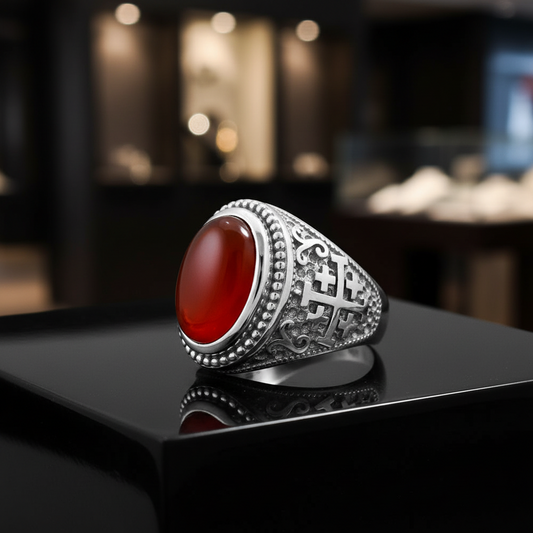 A silver signet ring featuring a large oval red cabochon gemstone, set against a dark reflective background.