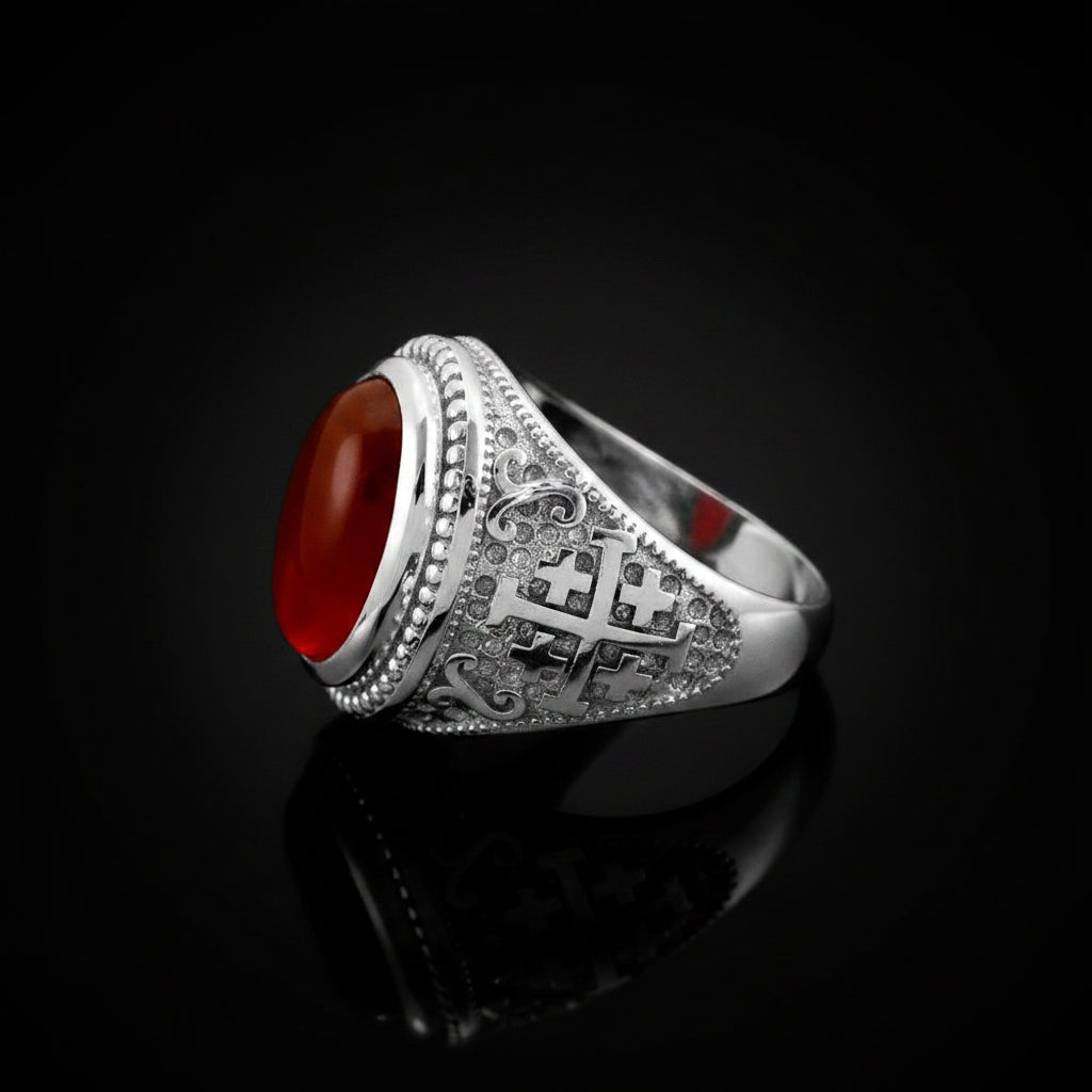 Sterling Silver Jerusalem Cross Red Onyx Gemstone Ring