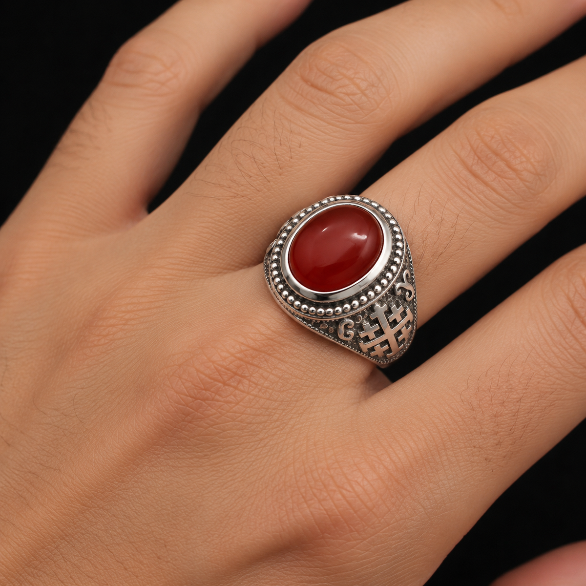 Sterling Silver Jerusalem Cross Red Onyx Gemstone Ring
