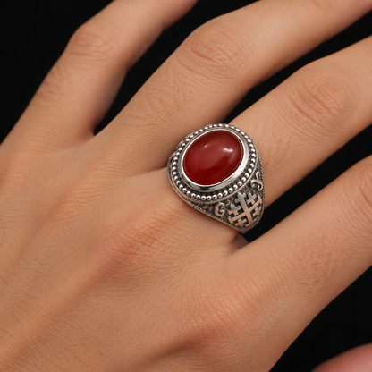 Sterling Silver Jerusalem Cross Red Onyx Gemstone Ring