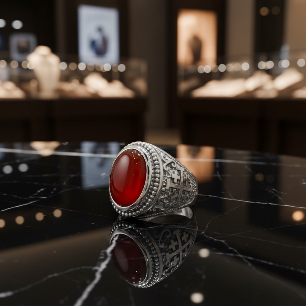 A silver signet ring with a large oval red cabochon gemstone, displayed on a glossy black marble surface with a blurred jewelry store background.