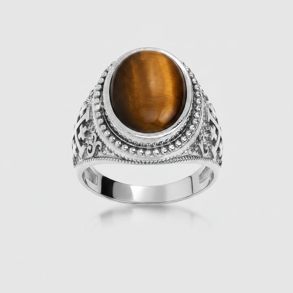 A silver-toned ring featuring a large oval brown tiger's eye stone, set in an ornate filigree-style band with small clear stones, shown on a light gray background.