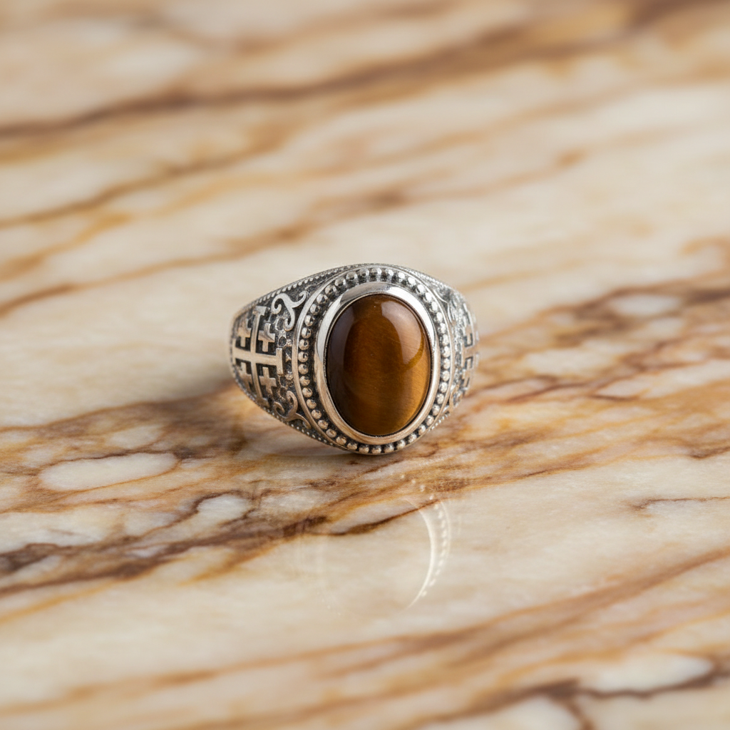 Sterling Silver Jerusalem Cross Tiger Eye Statement Ring