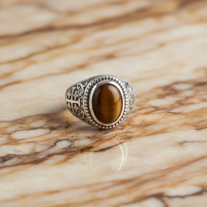 Sterling Silver Jerusalem Cross Tiger Eye Statement Ring