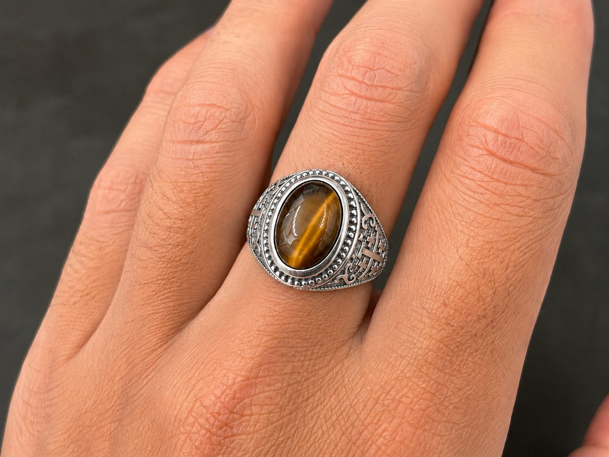 Sterling Silver Jerusalem Cross Tiger Eye Statement Ring