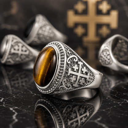Sterling Silver Jerusalem Cross Tiger Eye Statement Ring