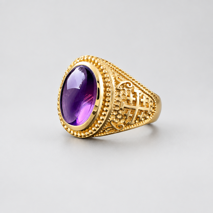 Gold Jerusalem Cross Purple Amethyst Cabochon Ring