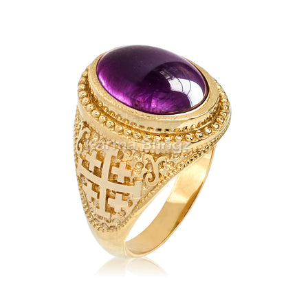 Gold Jerusalem Cross Purple Amethyst Cabochon Ring