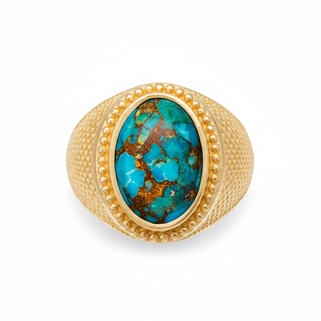 Solid Gold Blue Copper Turquoise Oval Gemstone Ring Karma Blingz