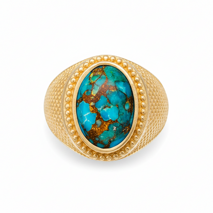 Solid Gold Blue Copper Turquoise Oval Gemstone Ring Karma Blingz