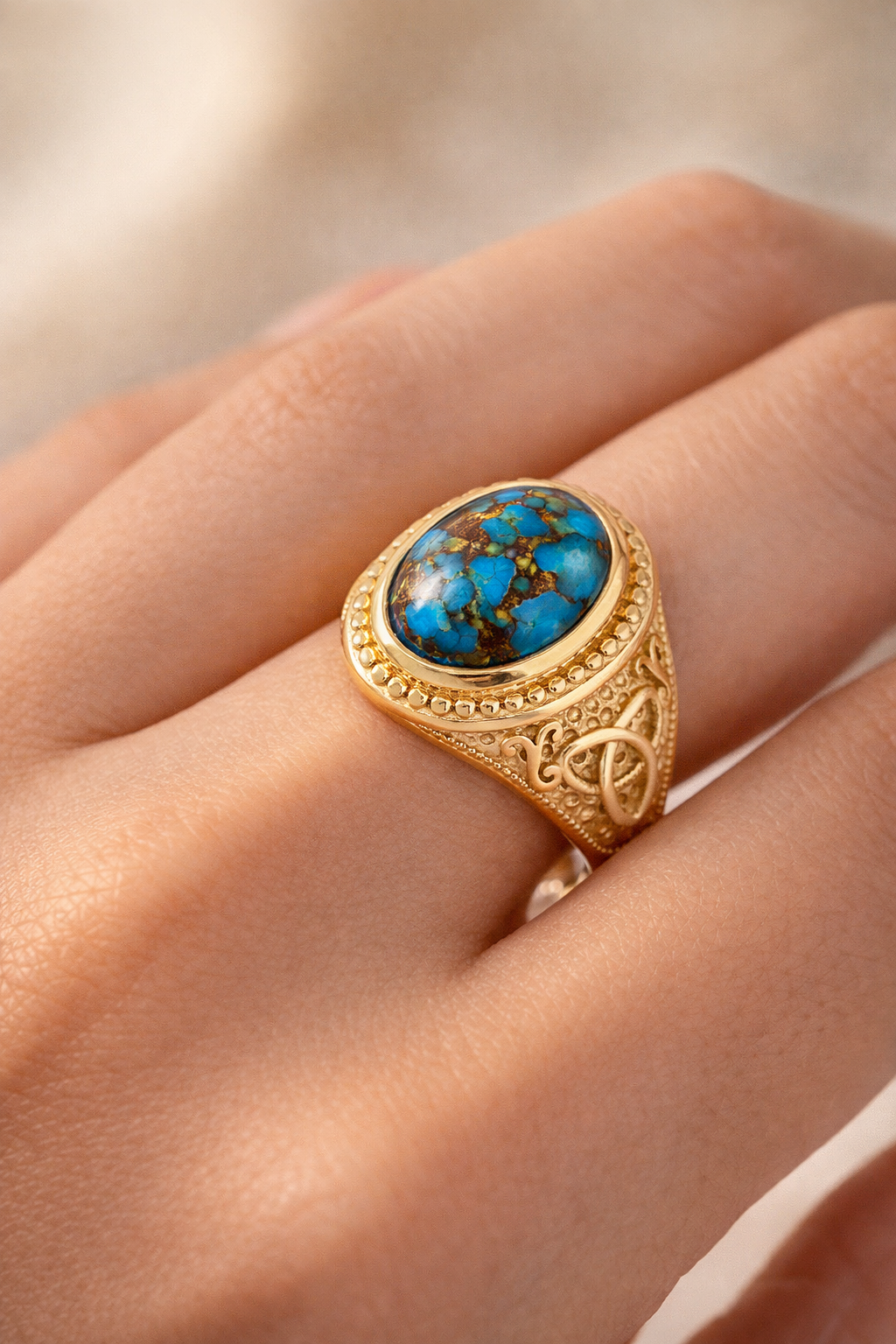 Gold Celtic Knot Blue Copper Turquoise Ring