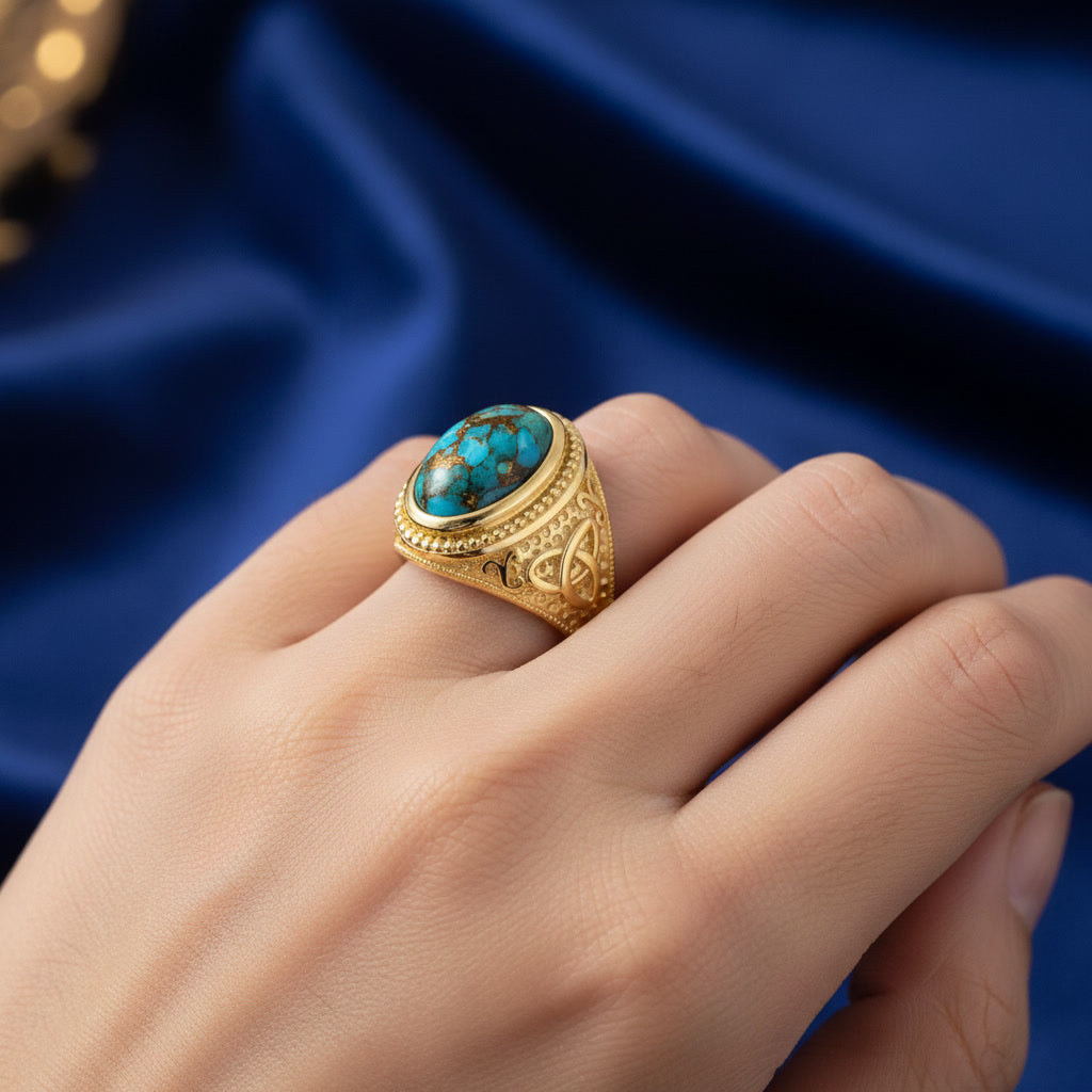 Gold Celtic Knot Blue Copper Turquoise Ring