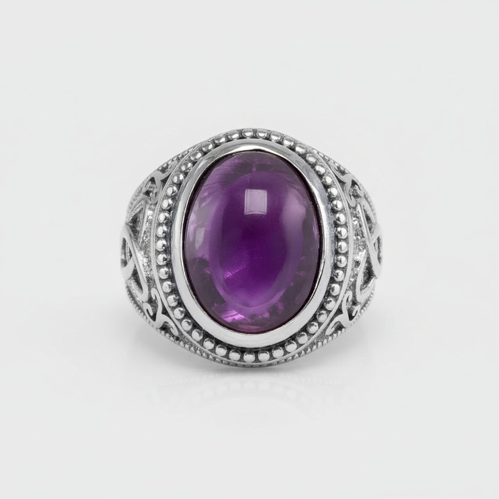 Sterling Silver Celtic Band Amethyst Cabochon Gemstone Ring