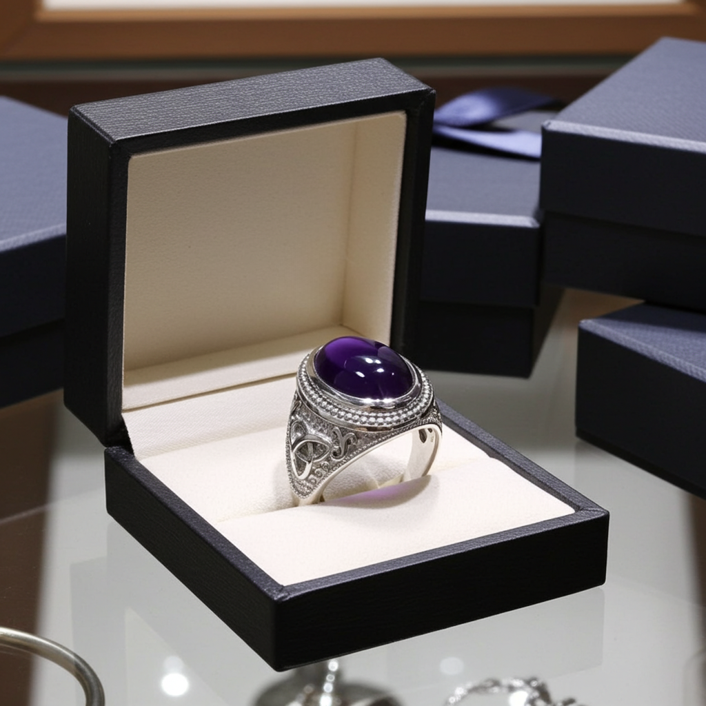 Sterling Silver Celtic Band Amethyst Cabochon Gemstone Ring