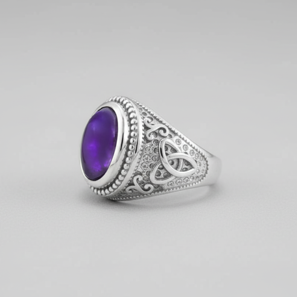 Sterling Silver Celtic Band Amethyst Cabochon Gemstone Ring