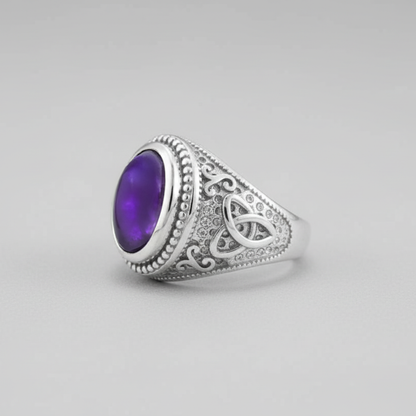 Sterling Silver Celtic Band Amethyst Cabochon Gemstone Ring