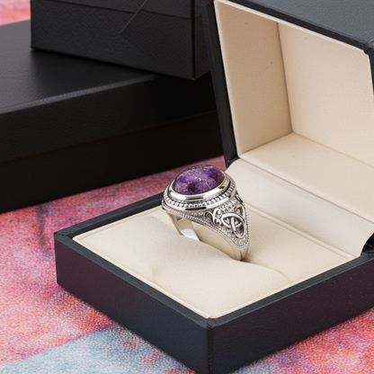 Sterling Silver Celtic Triquetra Purple Copper Turquoise Ring