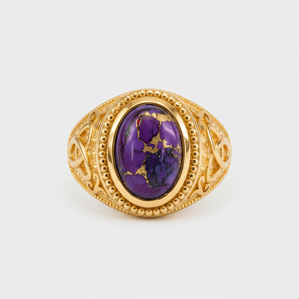 Gold ring with a purple gemstone on a white background