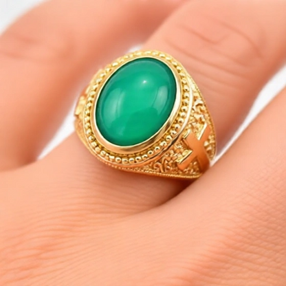 Solid Gold Christian Cross Green Onyx Ring Oval Cabochon Gemstone Unisex Statement Ring
