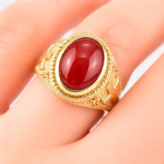 Solid Gold Christian Cross Red Onyx Ring Oval Cabochon Gemstone Unisex Statement Ring