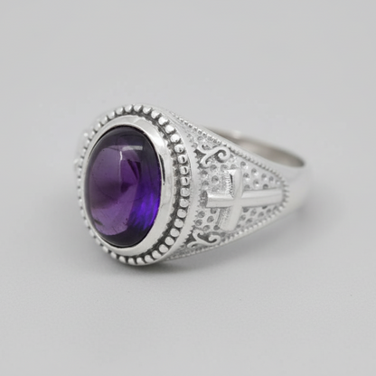 Sterling Silver Christian Cross Amethyst February Birthstone Ring