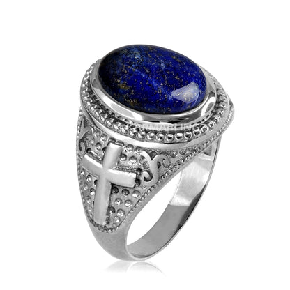Sterling Silver Christian Cross Lapis Lazuli Gemstone Ring