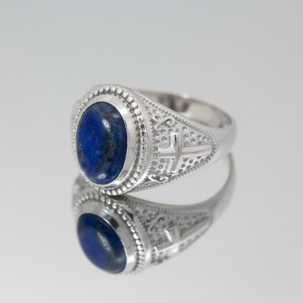 Sterling Silver Christian Cross Lapis Lazuli Gemstone Ring