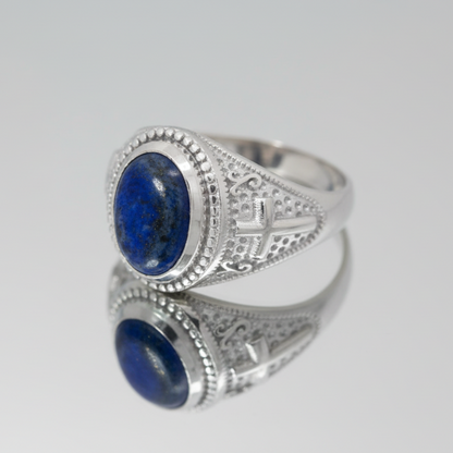 Sterling Silver Christian Cross Lapis Lazuli Gemstone Ring