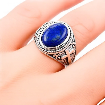 Sterling Silver Christian Cross Lapis Lazuli Gemstone Ring