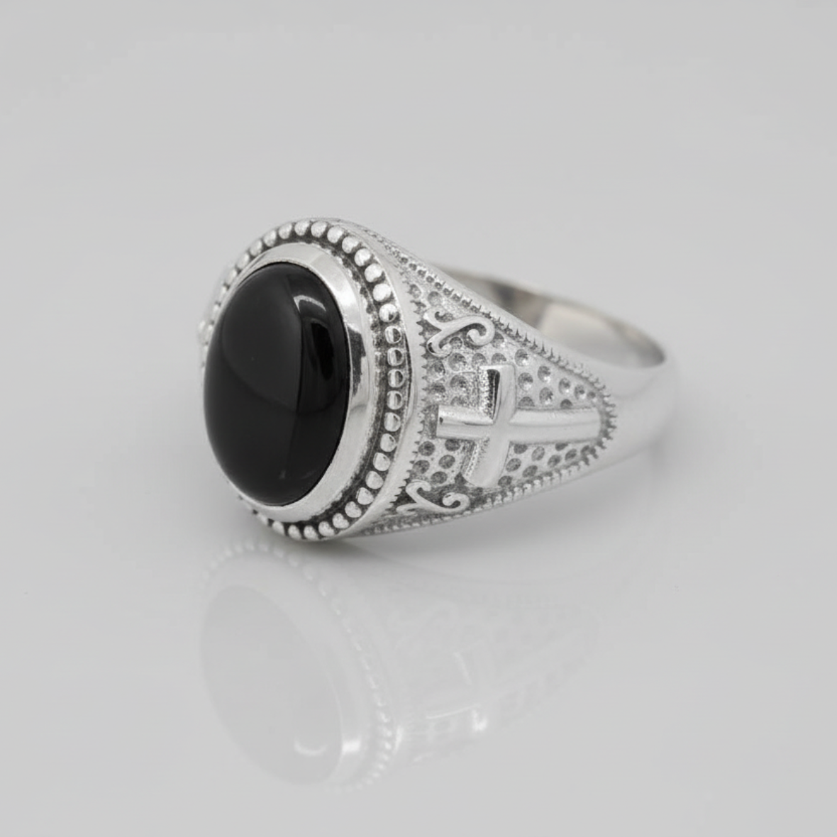 Sterling Silver Christian Cross Black Onyx Gemstone Ring