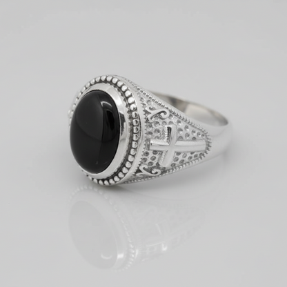 Sterling Silver Christian Cross Black Onyx Gemstone Ring
