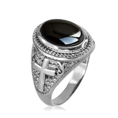 Sterling Silver Christian Cross Black Onyx Gemstone Ring